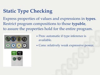 Static Type Checking
Express properties of values and expressions in types.
Restrict program compositions to those typable,
to assure the properties hold for the entire program.
Pros: automatic if type inference is
available.
Cons: relatively weak expressive power.
 