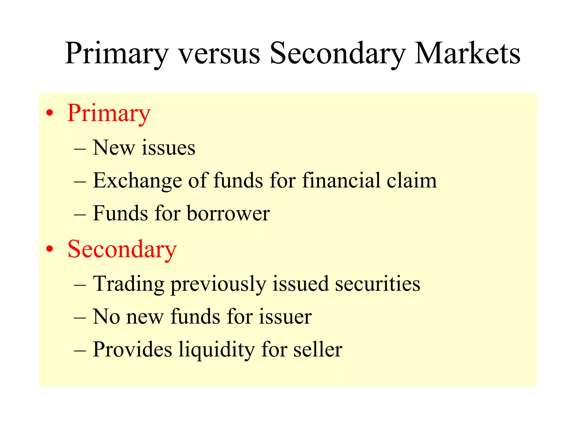 Primary versus Secondary Markets
• Primary
– New issues
– Exchange of funds for financial claim
– Funds for borrower
• Secondary
– Trading previously issued securities
– No new funds for issuer
– Provides liquidity for seller
 