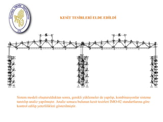 KESİT TESİRLERİ ELDE EDİLDİ 
Sistem modeli oluşturulduktan sonra, gerekli yüklemeler de yapılıp, kombinasyonlar sisteme 
tanıtılıp analiz yapılmıştır. Analiz sonucu bulunan kesit tesirleri İMO-02 standartlarına göre 
kontrol edilip yeterlilikleri gösterilmiştir. 
 