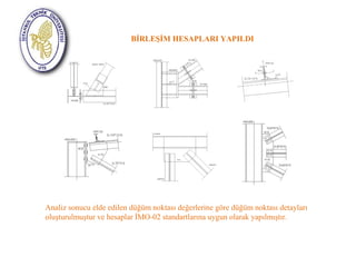 BİRLEŞİM HESAPLARI YAPILDI 
Analiz sonucu elde edilen düğüm noktası değerlerine göre düğüm noktası detayları 
oluşturulmuştur ve hesaplar İMO-02 standartlarına uygun olarak yapılmıştır. 
 