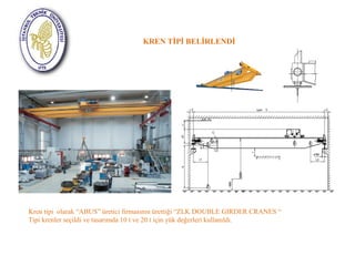 KREN TİPİ BELİRLENDİ 
Kren tipi olarak “ABUS” üretici firmasının ürettiği “ZLK DOUBLE GIRDER CRANES “ 
Tipi krenler seçildi ve tasarımda 10 t ve 20 t için yük değerleri kullanıldı. 
 