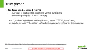 Page22 © Hortonworks Inc. 2014 FOR: BAY AREA HADOOP USER GROUP MEETUP #49
TFile parser
• Tez logs can be parsed via PIG
• Allows us to treat our logs exactly like we treat our big-data
• Processing using “pig –x tez” + UDFs [1]
rawLogs = load ‘/app-logs/root/logs/application_1409012059361_0539/*' using
org.apache.tez.tools.TFileLoader() as (machine:chararray, key:chararray, line:chararray);
[1] - https://github.com/rajeshbalamohan/tez_log_parser/blob/master/src/main/resources/pig/udf.groovy
 