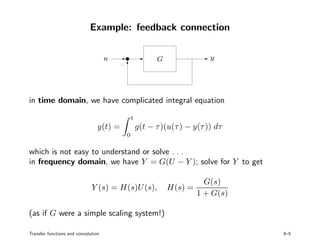 Example: feedback connection
PSfrag replacements
u G y
in time domain, we have complicated integral equation
y(t) =
t
0
g(t − τ)(u(τ) − y(τ)) dτ
which is not easy to understand or solve . . .
in frequency domain, we have Y = G(U − Y ); solve for Y to get
Y (s) = H(s)U(s), H(s) =
G(s)
1 + G(s)
(as if G were a simple scaling system!)
Transfer functions and convolution 8–5
 