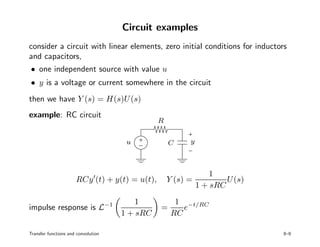 Circuit examples
consider a circuit with linear elements, zero initial conditions for inductors
and capacitors,
• one independent source with value u
• y is a voltage or current somewhere in the circuit
then we have Y (s) = H(s)U(s)
example: RC circuit
PSfrag replacements
u y
R
C
RCy (t) + y(t) = u(t), Y (s) =
1
1 + sRC
U(s)
impulse response is L−1 1
1 + sRC
=
1
RC
e−t/RC
Transfer functions and convolution 8–9
 