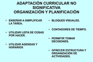 ADAPTACIÓN CURRICULAR NO
SIGNIFICATIVA
ORGANIZACIÓN Y PLANIFICACIÓN
● ENSEÑAR A SIMPLIFICAR
LA TAREA.
● UTILIZAR LISTA DE COSAS
POR HACER.
● UTILIZAR AGENDAS Y
HORARIOS
● BLOQUES VISUALES.
● CONTADORES DE TIEMPO.
● PERMITIR TOMAR
DECISIONES.
● OFRECER ESTRUCTURA Y
ORGANIZACIÓN DE
ACTIVIDADES.
 