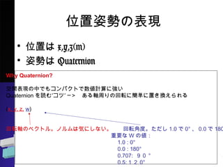 λ˄ݤαF
? λäx,y,z(m)
? ˄ݤQuaternion
Why Quaternion?
gFФǤ⥳ѥȤӋˏ
Quaternioniࡱġ Sܤλܞ˺gäQ
(x, y, z, w)
ܞSΥ٥ȥ롣ΥϚݤˤʤܞǶȡ1.00㡢0.0180
ҪW΂
1.0 : 0
 0.0 : 180
0.707: 
0.5: 10
 