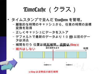 TimeCache饹
? ॹפǁKTransform
C xɢĤʕrgΥå夫顢ΕrgˉQ
ȡ
C å˥ǩ`򥹥ȥ
C ǥեȤ¤Υǩ`꣱[s]ǰΥǩ`ȥ
C agФ λäϾag˄ݤSlerp
C aϤʤ
rg

transform n-1

transform n
Slerp˄ݰξag
getData2ĤTransformg
ag򷵤
 
