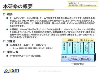  概要
■ チームファシリテーション(TF)は、チームで仕事をする際の仕組みのひとつです。1週間を基本
単位としたカイゼンサイクル(PDCA)を回しながら仕事をすることで、チームの生産性が向上しま
す。副次的な効果として、情報共有の促進、属人化の軽減、メンタルヘルス問題の予防なども
期待できます。
■ 本研修は、チームのリーダー及び、メンバーの方を対象に、チームファシリテーションの仕組み
を体験してもらうことで、その進め方の理解や、効果の体感をしていただくものです。業務では
複数サイクルの経験に時間がかかりますが、演習では短時間で体験することができますので、
TFの特徴がより理解できます。
 対象者
■ 6人程度のチームのリーダー及びメンバー
□ チーム：商品企画、営業、設計、スタッフ、研究など
 定員
■ 4～15名(1グループ3～5名で実施)
本研修の概要
Copyright (c) 2016 Eiwa System Management, Inc. 2
原則
リズム 見える化
週
計
画
会
朝
会
ふ
り
か
え
り
会
タ
ス
ク
ボ
ー
ド
バ
ー
ン
ダ
ウ
ン
チ
ャ
ー
ト
TFのコアセット
K
P
T
会議体 見える化ツール
 