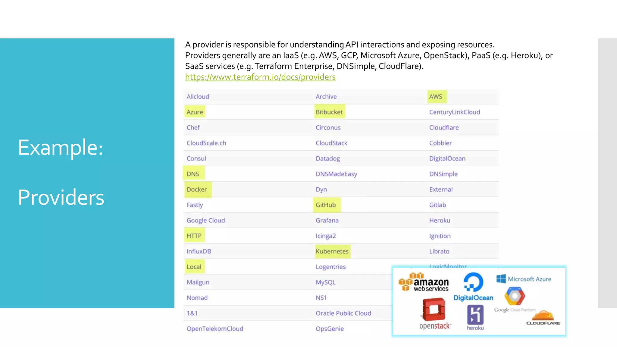 Example:
Providers
A provider is responsible for understandingAPI interactions and exposing resources.
Providers generally are an IaaS (e.g. AWS, GCP, Microsoft Azure, OpenStack), PaaS (e.g. Heroku), or
SaaS services (e.g.Terraform Enterprise, DNSimple,CloudFlare).
https://www.terraform.io/docs/providers
 