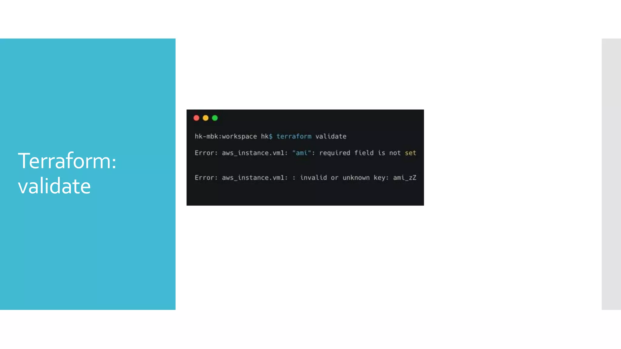 Terraform:
validate
 