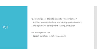 Poll
Q: How long does it take to request a virtual machine ?
.. and load balancer, database, then deploy application stack
.. and repeat it for development, staging, production
Put it into perspective
 SpaceX launches a rocket every 4 weeks
 