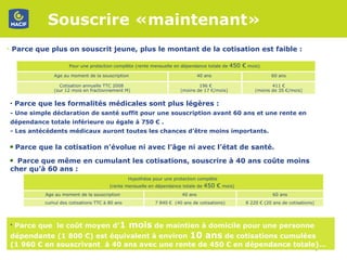Parce que plus on souscrit jeune, plus le montant de la cotisation est faible :  Souscrire «maintenant»   Parce que les formalités médicales sont plus légères :  - Une simple déclaration de santé suffit pour une souscription avant 60 ans et une rente en dépendance totale inférieure ou égale à 750 € .  - Les antécédents médicaux auront toutes les chances d’être moins importants.  Parce que même en cumulant les cotisations, souscrire à 40 ans coûte moins cher qu’à 60 ans :  Parce que la cotisation n’évolue ni avec l’âge ni avec l’état de santé. Parce que  le coût moyen d’ 1 mois  de maintien à domicile pour une personne dépendante (1 800 €) est équivalent à environ  10 ans  de cotisations cumulées  (1 960 € en souscrivant  à 40 ans avec une rente de 450 € en dépendance totale)… 411 € (moins de 35 €/mois) 60 ans 40 ans  Age au moment de la souscription  196 € (moins de 17 €/mois)  Cotisation annuelle TTC 2008  (sur 12 mois en fractionnement M) Pour une protection complète (rente mensuelle en dépendance totale de  450 €  mois)  8 220 € (20 ans de cotisations) 7 840 €  (40 ans de cotisations) cumul des cotisations TTC à 80 ans  60 ans 40 ans  Age au moment de la souscription  Hypothèse pour une protection complète  (rente mensuelle en dépendance totale de  450 €  mois)  