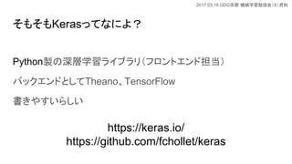 2017.03.18 GDG Cеѧ㏊ᣨY
⤽KerasäƤʤˤ裿
Pythonuѧ饤֥꣨եȥɵ
ХåɤȤTheanoTensorFlow
䤹餷
https://keras.io/
https://github.com/fchollet/keras
 