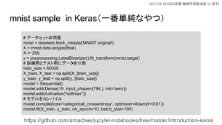2017.03.18 GDG Cеѧ㏊ᣨY
mnist sample in Kerasһgʤģ
# ǩ`åȤ
mnist = datasets.fetch_mldata('MNIST original')
X = mnist.data.astype(float)
X /= 255
y = preprocessing.LabelBinarizer().fit_transform(mnist.target)
# Ӗäȥƥä˥ǩ`ָ
train_size = 60000
X_train, X_test = np.split(X, [train_size])
y_train, y_test = np.split(y, [train_size])
model = Sequential()
model.add(Dense(10, input_shape=(784,), init='zero'))
model.add(Activation("softmax"))
# ǥ򥳥ѥ
model.compile(loss='categorical_crossentropy', optimizer=Adam(lr=0.01))
model.fit(X_train, y_train, nb_epoch=10, batch_size=100)
https://github.com/amacbee/jupyter-notebooks/tree/master/introduction-keras
 