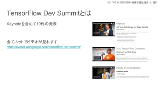 2017.03.18 GDG Cеѧ㏊ᣨY
TensorFlow Dev SummitȤ
Keynote򺬤19ΰk
ȫƥͥåȤǥӥǥҊޤ
https://events.withgoogle.com/tensorflow-dev-summit/
 