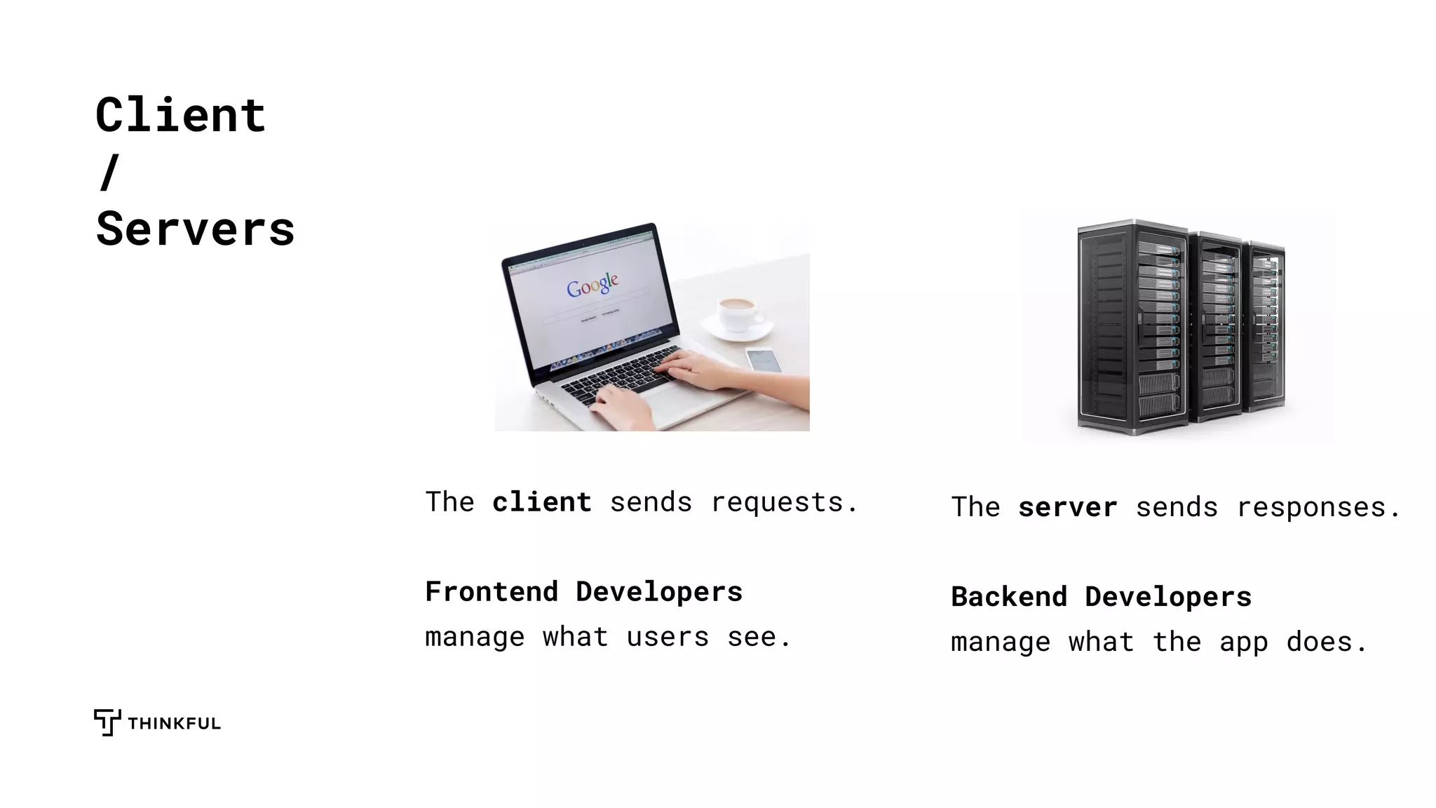 Client
/
Servers
The client sends requests.
Frontend Developers
manage what users see.
The server sends responses.
Backend Developers
manage what the app does.
 