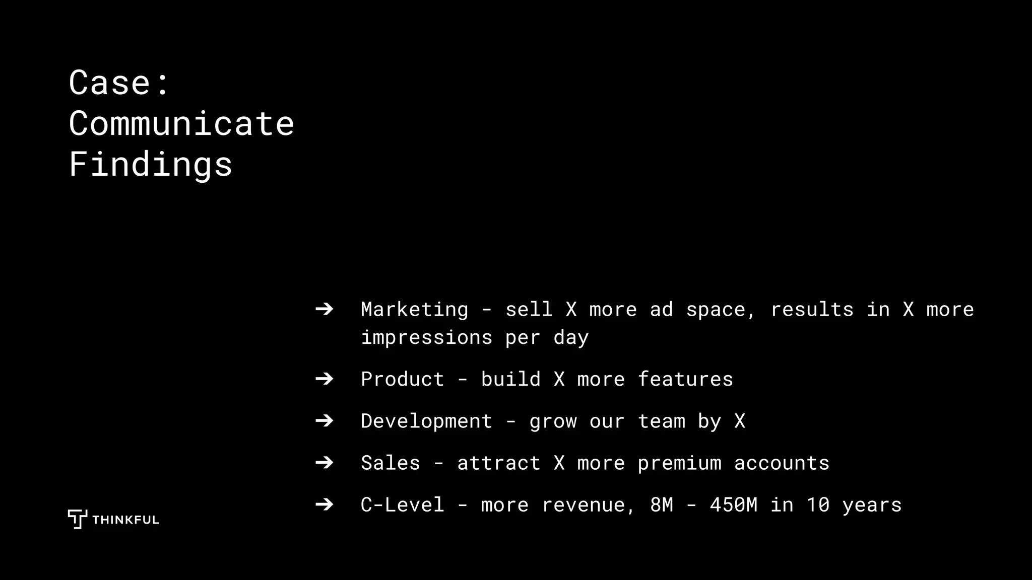 ➔ Marketing - sell X more ad space, results in X more
impressions per day
➔ Product - build X more features
➔ Development - grow our team by X
➔ Sales - attract X more premium accounts
➔ C-Level - more revenue, 8M - 450M in 10 years
Case:
Communicate
Findings
 