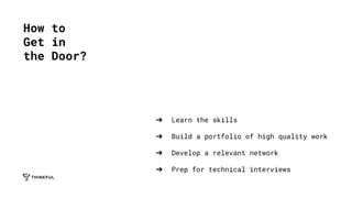 ➔ Learn the skills
➔ Build a portfolio of high quality work
➔ Develop a relevant network
➔ Prep for technical interviews
How to
Get in
the Door?
 