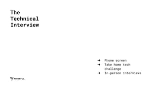 ➔ Phone screen
➔ Take home tech
challenge
➔ In-person interviews
The
Technical
Interview
 