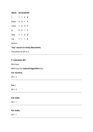 Word D1 D2 D3 DF
I 1 1 0 2
India 0 0 1 1
india. 1 0 0 1
Is 0 0 1 1
love 1 1 0 2
my 1 1 1 3
Notice:
"my" occurs in every document.
Therefore its DF is 3.
7. Calculate IDF
We have:
We'll use the natural logarithm (ln).
For country.
DF = 2
For i
DF = 2
For india
DF = 1
For india.
DF = 1
 
