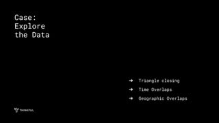 ➔ Triangle closing
➔ Time Overlaps
➔ Geographic Overlaps
Case:
Explore
the Data
 
