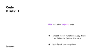 from sklearn import tree
➔ Import Tree functionality from
the SKLearn Python Package
➔ bit.ly/sklearn-python
Code
Block 1
 