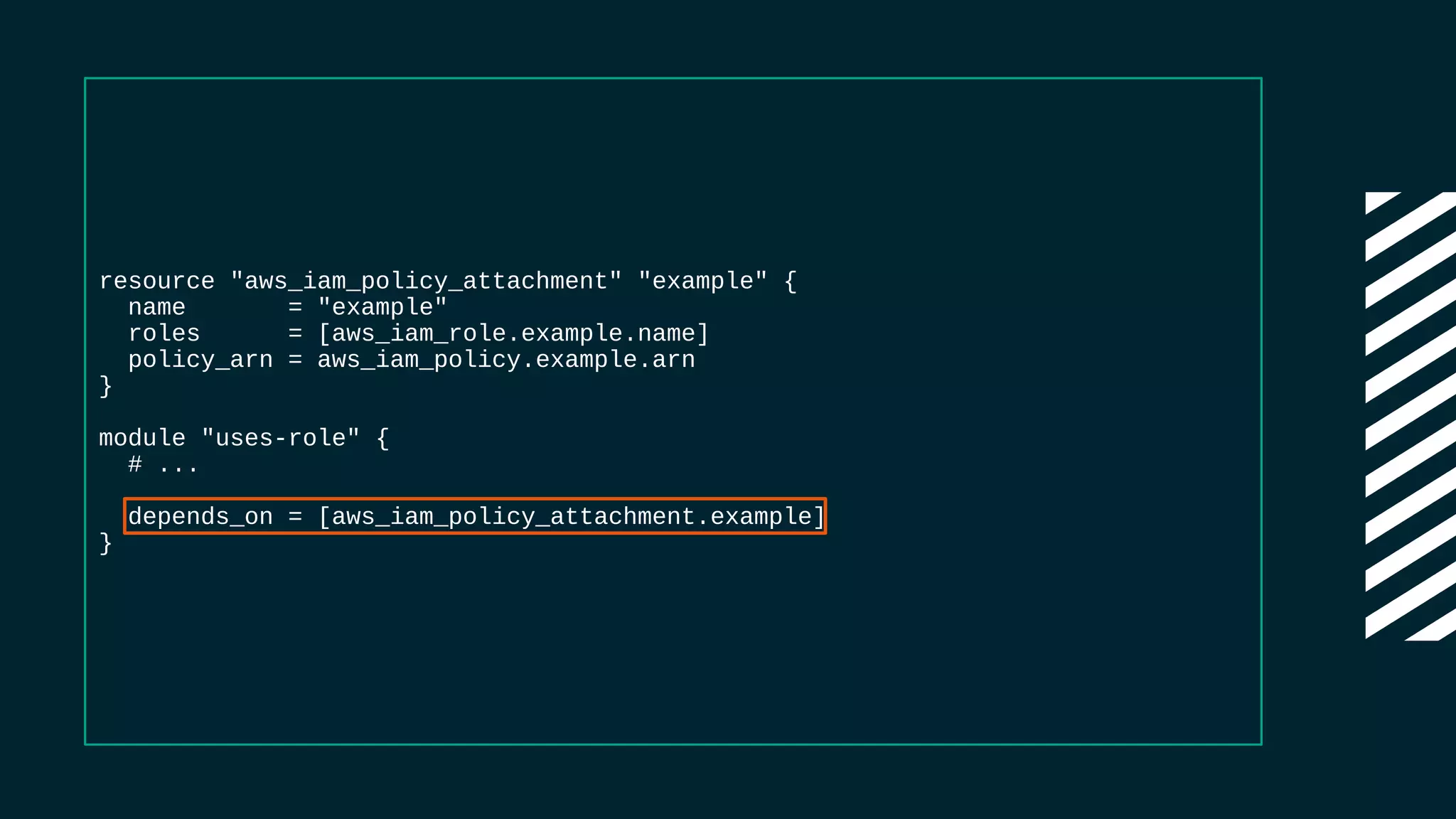 resource "aws_iam_policy_attachment" "example" {
name = "example"
roles = [aws_iam_role.example.name]
policy_arn = aws_iam_policy.example.arn
}
module "uses-role" {
# ...
depends_on = [aws_iam_policy_attachment.example]
}
 