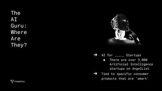 ➔ AI for _____ Startups
◆ There are over 3,000
Artificial Intelligence
startups on AngelList
➔ Tied to specific consumer
products that are ‘smart’
The
AI
Guru:
Where
Are
They?
 