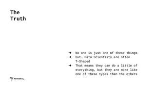 ➔ No one is just one of these things
➔ But… Data Scientists are often
T-Shaped
➔ That means they can do a little of
everything, but they are more like
one of these types than the others
The
Truth
 