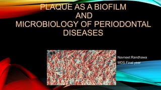 PLAQUE AS A BIOFILM
AND
MICROBIOLOGY OF PERIODONTAL
DISEASES
Navneet Randhawa
MDS Final year
 