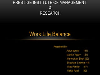 Work Life Balance
Presented by-
Aatur porwal (01)
Manish Yadav (21)
Manmohan Singh (22)
Shubham Sharma (48)
Vijay Patidar (57)
Vishal Patel (59)
PRESTIGE INSTITUTE OF MANAGEMENT
&
RESEARCH
 