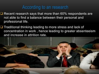 3
According to an research
 Recent research says that more than 60% respondents are
not able to find a balance between their personal and
professional life.
 Traditional thinking leading to more stress and lack of
concentration in work , hence leading to greater absenteeism
and increase in attrition rate.
• Activities and social spaces are becoming ambiguous.
 