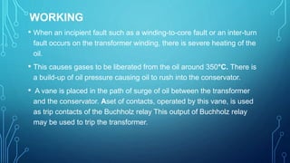 WORKING
• When an incipient fault such as a winding-to-core fault or an inter-turn
fault occurs on the transformer winding, there is severe heating of the
oil.
• This causes gases to be liberated from the oil around 350°C. There is
a build-up of oil pressure causing oil to rush into the conservator.
• A vane is placed in the path of surge of oil between the transformer
and the conservator. Aset of contacts, operated by this vane, is used
as trip contacts of the Buchholz relay This output of Buchholz relay
may be used to trip the transformer.
 