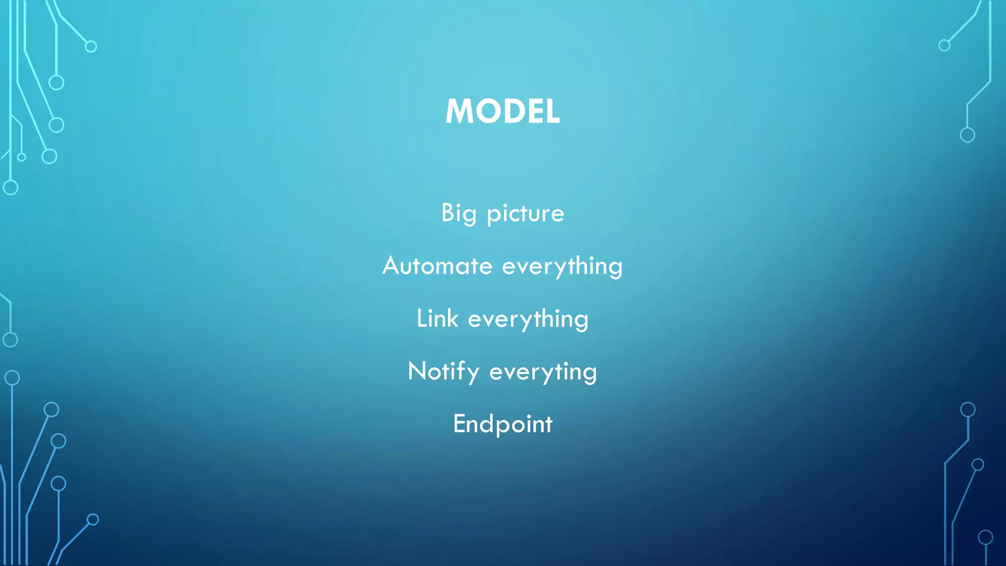 MODEL
Big picture
Automate everything
Link everything
Notify everyting
Endpoint
 