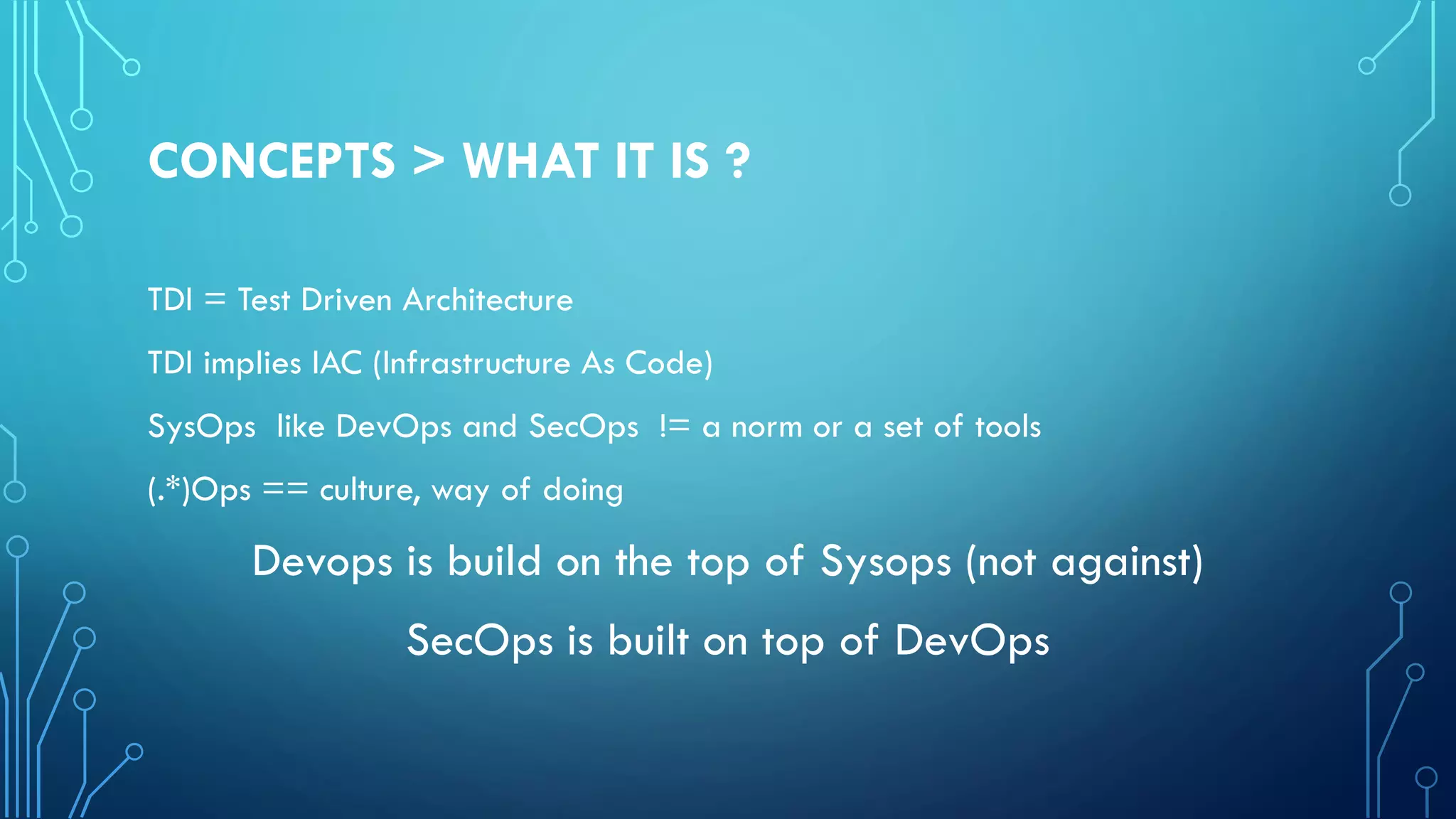 CONCEPTS > WHAT IT IS ?
TDI = Test Driven Architecture
TDI implies IAC (Infrastructure As Code)
SysOps like DevOps and SecOps != a norm or a set of tools
(.*)Ops == culture, way of doing
Devops is build on the top of Sysops (not against)
SecOps is built on top of DevOps
 