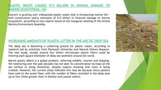 PLASTIC WASTE CAUSES $13 BILLION IN ANNUAL DAMAGE TO
MARINE ECOSYSTEMS, UN
Concern is growing over widespread plastic waste that is threatening marine life –
with conservative yearly estimates of $13 billion in financial damage to marine
ecosystems, according to two reports issued at the inaugural meeting of the United
Nations Environment Assembly.
INCREASING AMOUNTS OF PLASTIC LITTER IN THE ARCTIC DEEP SEA
The deep sea is becoming a collecting ground for plastic waste, according to
research led by scientists from Plymouth University and Natural History Museum.
The new study, reveals around four billion microscopic plastic fibers could be
littering each square kilometer of deep sea sediment around the world.
Marine plastic debris is a global problem, affecting wildlife, tourism and shipping.
Yet monitoring over the past decades has not seen its concentration increase at the
sea surface or along shorelines, despite experts knowing that more is being
created. However, the current study indicates this may be because micro plastics
have sunk to the ocean floor, with the number of fibers recorded in the deep seas
up to four times greater than in shallow and coastal waters.
 