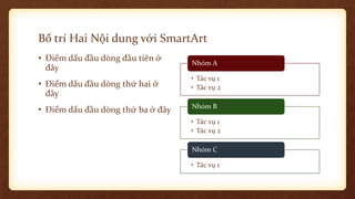 Bố trí Hai Nội dung với SmartArt
• Điểm dấu đầu dòng đầu tiên ở
đây
• Điểm dấu đầu dòng thứ hai ở
đây
• Điểm dấu đầu dòng thứ ba ở đây
• Tác vụ 1
• Tác vụ 2
Nhóm A
• Tác vụ 1
• Tác vụ 2
Nhóm B
• Tác vụ 1
Nhóm C