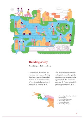 Membangun Sebuah Kota
Building a City
Currently the Indonesian go-
vernment is actively developing
the country, such as the develop-
ment of IKN and the division
of provinces in Papua into 6
provinces in January 2023.
Saat ini pemerintah Indonesia
sedang aktif melakukan pemba-
ngunan negara, seperti pemba-
ngunan IKN dan pemekaran
provinsi di Papua menjadi 6
provinsi pada Januari 2023.
9
1
2
3
4
6
5
1 - Propinsi Papua Barat Daya (terbaru)
2 - Propinsi Papua
3 - Propinsi Papua Pegunungan
4 - Propinsi Papua Selatan
5 - Propinsi Papua Barat
6 - Propinsi Papua Tengah
 