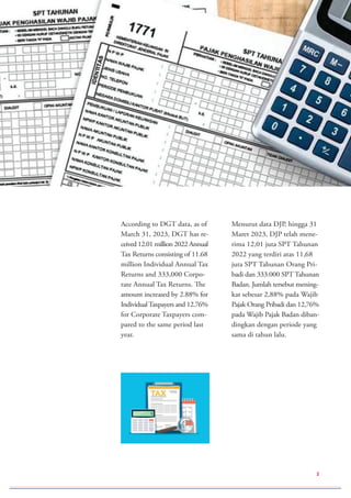 2
According to DGT data, as of
March 31, 2023, DGT has re-
ceived 12.01 million 2022 Annual
Tax Returns consisting of 11.68
million Individual Annual Tax
Returns and 333,000 Corpo-
rate Annual Tax Returns. The
amount increased by 2.88% for
IndividualTaxpayers and 12.76%
for Corporate Taxpayers com-
pared to the same period last
year.
Menurut data DJP, hingga 31
Maret 2023, DJP telah mene-
rima 12,01 juta SPT Tahunan
2022 yang terdiri atas 11,68
juta SPT Tahunan Orang Pri-
badi dan 333.000 SPT Tahunan
Badan. Jumlah tersebut mening-
kat sebesar 2,88% pada Wajib
Pajak Orang Pribadi dan 12,76%
pada Wajib Pajak Badan diban-
dingkan dengan periode yang
sama di tahun lalu.
 