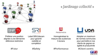 « Jardinage collectif »
Homogénéiser la
mesure des audiences
5 écrans
Adopter un maximum
de normes communes
pour permettre à nos
clients de gagner en
agilité et productivité
Préférer une position
alignée à une démarche
défensive restrictive
#Client centric#Performance#Futur
Label SRI/Udecam
pour garantir
visibilité et
complétion
#Safety
 