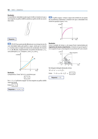 52 PARTE I – CINEMÁTICA
89 O gráfico espaço × tempo a seguir está contido em um quarto
de circunferência. Determine o instante t em que a velocidade v do
móvel em questão é igual a 1 m/s.
0
s (m)
t (s)
10
10
Resolução:
Como a unidade de tempo e a de espaço foram representadas por
segmentos de mesmo comprimento, o instante em que v é igual a 1
m/s é aquele em que a reta tangente à curva forma 45º com o eixo t:
45° 10
a
a
0
10
s (m)
t (s)
Reta tangente
T 10
45°
45°
No triângulo retângulo destacado, temos:
102
= a2
+ a2
⇒ a = 5 2 s
Então: T = 10 – a = 10 – 5 2 ⇒ T ⯝ 3 s
Resposta: t ⯝ 3 s
Resolução:
O móvel B tem velocidade escalar igual à de A no instante em que a
reta tangente ao gráfico de B for paralela ao gráfico de A. Isso ocorre
duas vezes.
Resposta: e
88 (ITA-SP) Duas partículas A e B deslocam-se ao longo do eixo Ox
com velocidades dadas pelo gráfico a seguir, sendo que no instante
t0
= 0 ambas estão na origem do sistema de coordenadas. No instante
t = 2 s, A e B estão, respectivamente, nos pontos de abscissas x1
e x2
,
com acelerações a1
e a2
. Compare x1
com x2
e a1
com a2
.
0
v (m/s)
t (s)
2
A
B
Resolução:
Comparando as “áreas” de 0 a 2 s, concluímos que:
x1
 x2
Em t = 2 s, o “coeficiente angular” da reta tangente ao gráfico de B é
maior que em A.
Então: a2
 a1
Respostas: x1
 x2
e a2
 a1
 