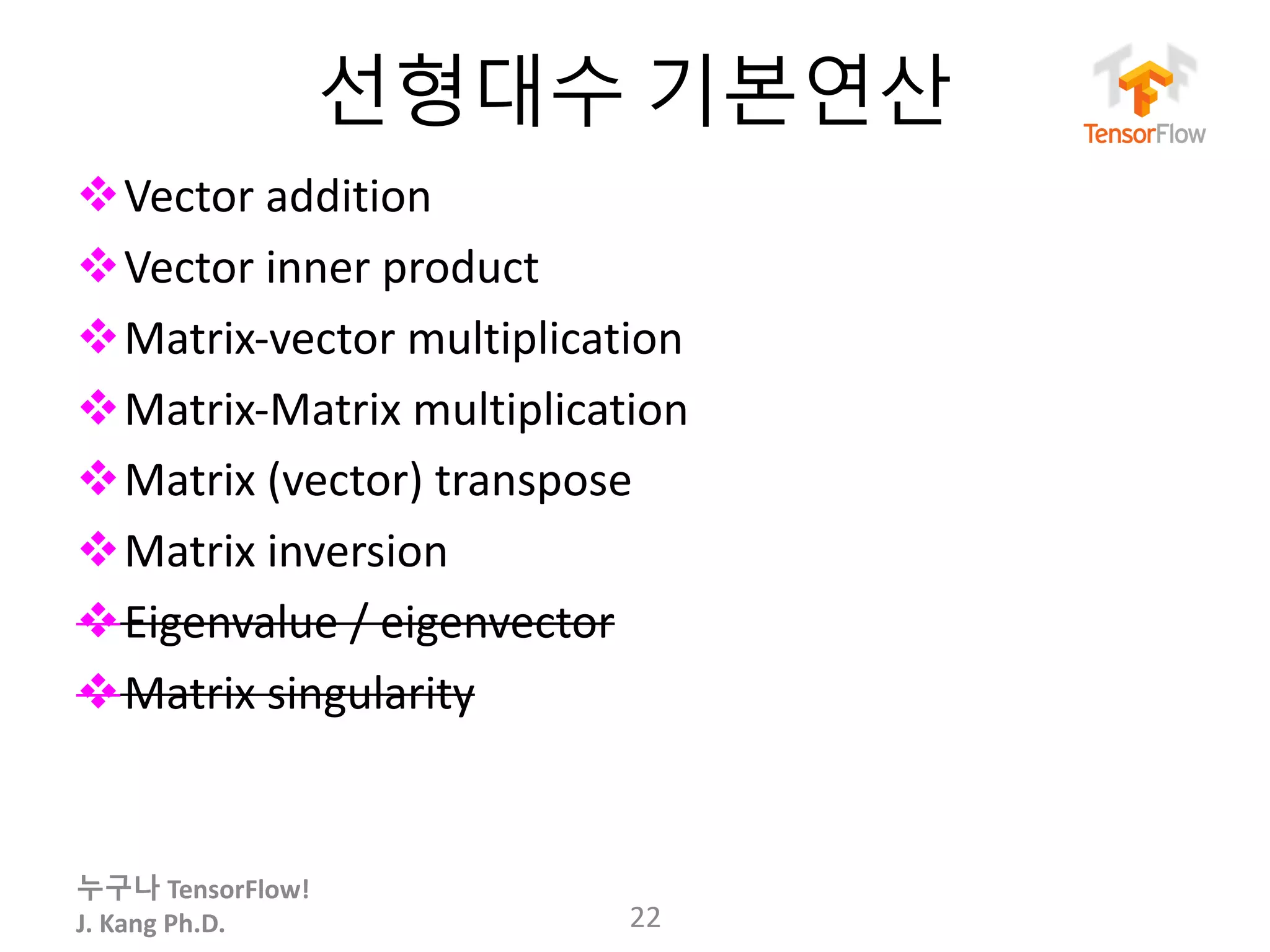 누구나 TensorFlow!
J.	Kang	Ph.D.
선형대수 기본연산
vVector	addition
vVector	inner	product
vMatrix-vector	multiplication
vMatrix-Matrix	multiplication
vMatrix	(vector)	transpose
vMatrix	inversion
vEigenvalue	/	eigenvector
vMatrix	singularity	
22
 