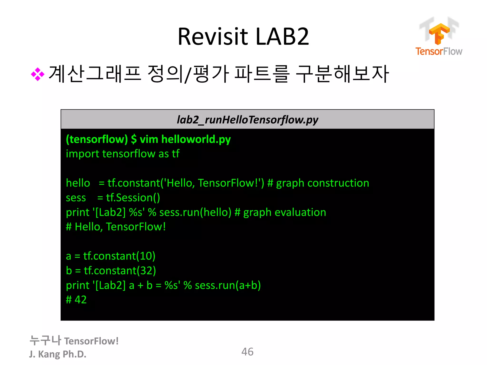 누구나 TensorFlow!
J.	Kang	Ph.D.
Revisit	LAB2
v계산그래프 정의/평가 파트를 구분해보자
46
lab2_runHelloTensorflow.py
(tensorflow)	$	vim	helloworld.py
import	tensorflow as	tf
hello	 =	tf.constant('Hello,	TensorFlow!')	# graph	construction
sess =	tf.Session()
print	'[Lab2]	%s'	%	sess.run(hello)	#	graph	evaluation
#	Hello,	TensorFlow!
a	=	tf.constant(10)
b	=	tf.constant(32)
print	'[Lab2]	a	+	b	=	%s'	%	sess.run(a+b)
#	42
 