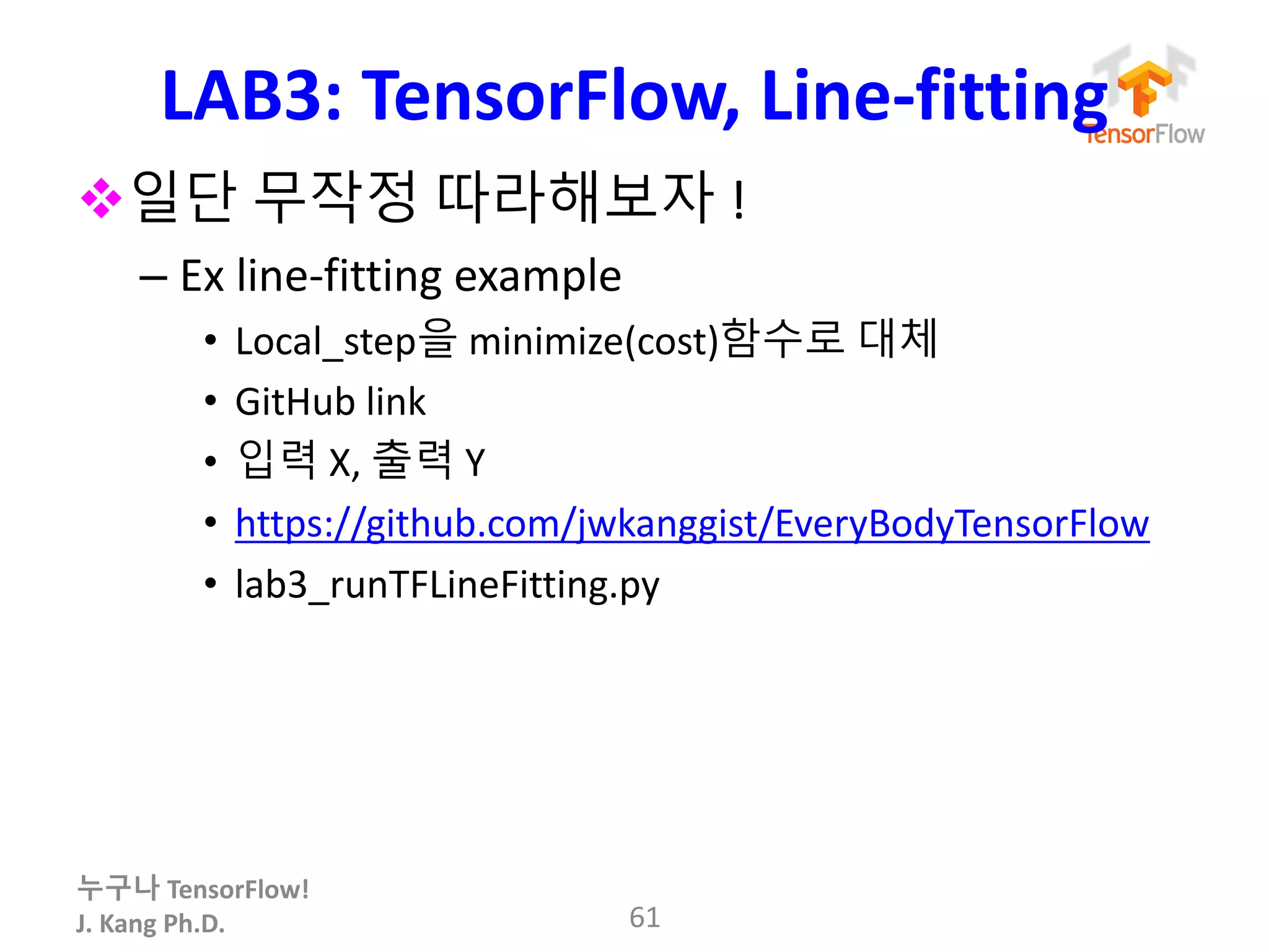 누구나 TensorFlow!
J.	Kang	Ph.D.
LAB3:	TensorFlow, Line-fitting
v일단 무작정 따라해보자 !
– Ex	line-fitting	example
• Local_step을 minimize(cost)함수로 대체
• GitHub	link
• 입력 X,	출력 Y
• https://github.com/jwkanggist/EveryBodyTensorFlow
• lab3_runTFLineFitting.py
61
 
