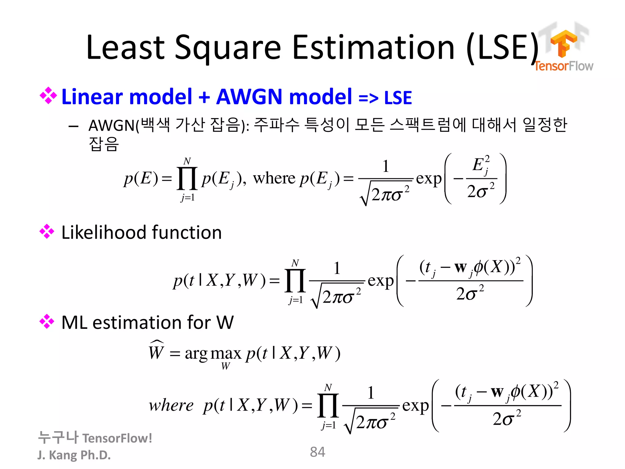누구나 TensorFlow!
J.	Kang	Ph.D.
Least	Square	Estimation	(LSE)
vLinear	model	+	AWGN	model =>	LSE
– AWGN(백색 가산 잡음): 주파수 특성이 모든 스팩트럼에 대해서 일정한
잡음
v Likelihood	function
v ML estimation	for	W
84
p(t | X,Y,W ) =
1
2πσ 2
exp −
(tj − wjφ(X))2
2σ 2
⎛
⎝⎜
⎞
⎠⎟
j=1
N
∏
p(E) = p(Ej )
j=1
N
∏ , where p(Ej ) =
1
2πσ 2
exp −
Ej
2
2σ 2
⎛
⎝⎜
⎞
⎠⎟
W! = argmax
W
p(t | X,Y,W )
where p(t | X,Y,W ) =
1
2πσ 2
exp −
(tj − wjφ(X))2
2σ 2
⎛
⎝⎜
⎞
⎠⎟
j=1
N
∏
 