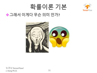 누구나 TensorFlow!
J.	Kang	Ph.D.
확률이론 기본
v그래서 이게다 무슨 의미 인가?
16
 