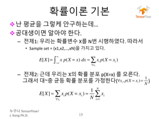 누구나 TensorFlow!
J.	Kang	Ph.D.
확률이론 기본
v난 평균을 그렇케 안구하는데…
v공대생이면 알아야 한다.
– 전제1: 우리는 확률변수 X를 N번 시행하였다. 따라서
• Sample	set	=	{x1,x2,…,xN}을 가지고 있다.
– 전제2: 근데 우리는 X의 확률 분포 p(X=x)	를 모른다.
그래서 대~충 균등 확률 분포를 가정한다( )
19
E[X] = x p(X = x)
−∞
∞
∫ dx ≈ xi p(X = xi )
∀xi
∑
E[X] ≈ xi p(X = xi )
∀xi
∑ ≈
1
N
xi
i=1
N
∑
∀xi , p(X = xi ) =
1
N
 