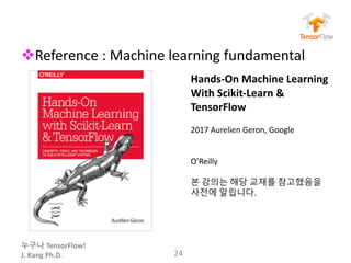 누구나 TensorFlow!
J.	Kang	Ph.D.
vReference	:	Machine	learning	fundamental
24
Hands-On	Machine	Learning
With	Scikit-Learn	&	
TensorFlow
2017	Aurelien Geron,	Google
O’Reilly
본 강의는 해당 교재를 참고했음을
사전에 알립니다.
 