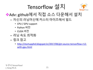 누구나 TensorFlow!
J.	Kang	Ph.D.
Tensorflow 설치
vAdv: github에서 직접 소스 다운해서 설치
– 자신의 러닝머신에 커스터 마이즈해서 빌드
• CPU	/	GPU	support
• Python	버전
• CUDA 버전
– 러닝 속도 최적화
– 링크 참고
• http://startupphd.blogspot.kr/2017/06/git-source-tensorflow-r12-
with-gpu.html
35
 