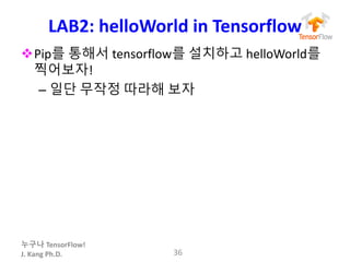 누구나 TensorFlow!
J.	Kang	Ph.D.
LAB2:	helloWorld in	Tensorflow
vPip를 통해서 tensorflow를 설치하고 helloWorld를
찍어보자!
– 일단 무작정 따라해 보자
36
 